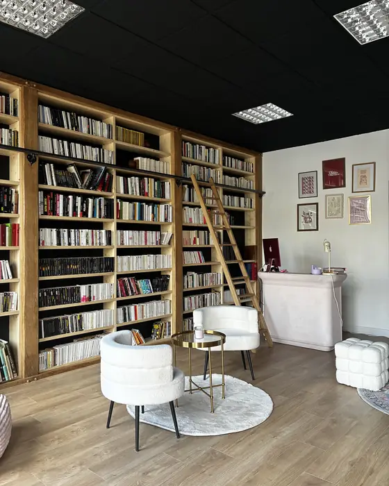 La grande bibliothèque du Quartier Littéraire, échelle coulissante et fauteuils bouclette blancs