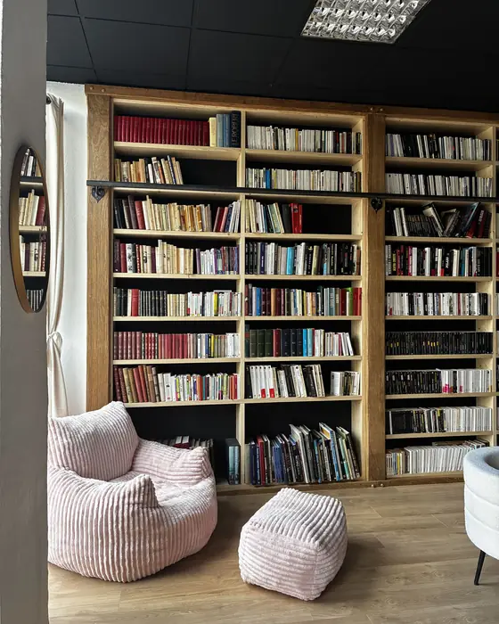 Pouf et repose-pieds roses devant les étagères de romans, miroir rond au mur